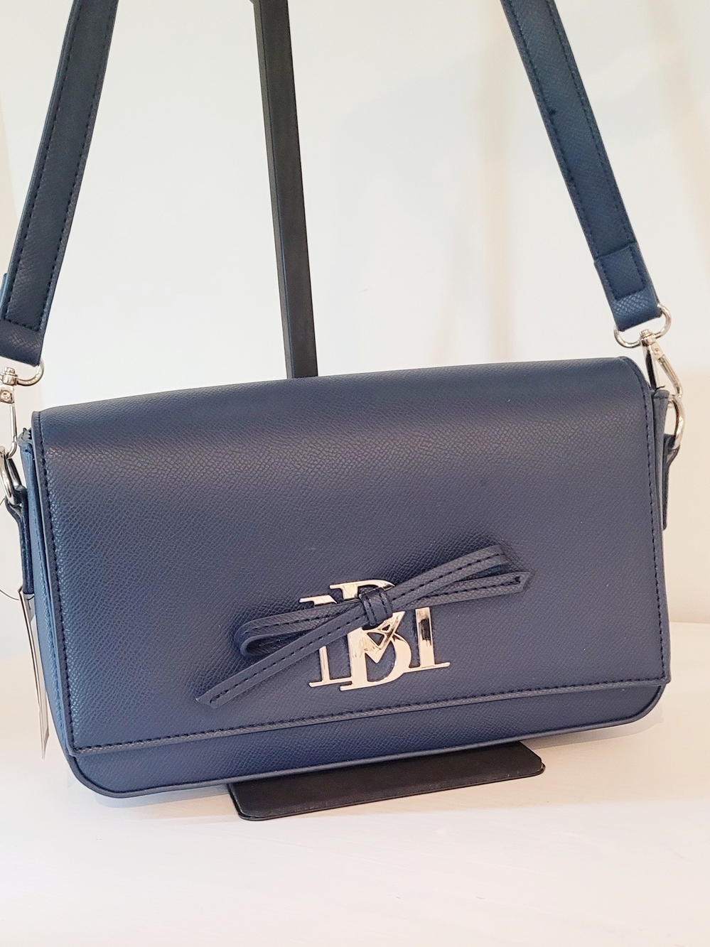Badgley Mischka Navy VeganLeather Crossbody with Bow and Silver Logo